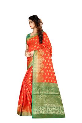 Red woven cotton poly saree with blouse 3