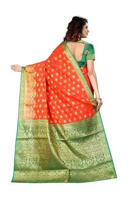 Red woven cotton poly saree with blouse 4