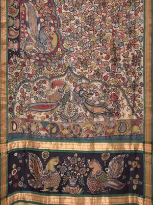 Cream Kalamkari Hand Painted Silk Handloom Saree with All Over Peacocks Pallu Design with Blouse 2
