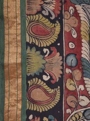 Cream Kalamkari Hand Painted Silk Handloom Saree with All Over Peacocks Pallu Design with Blouse 4