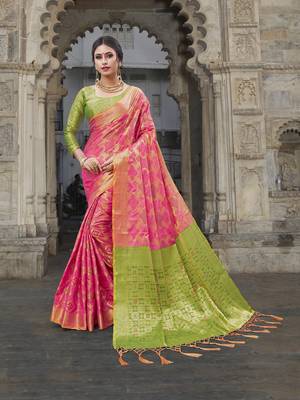 Pink woven banarasi saree with blouse 1