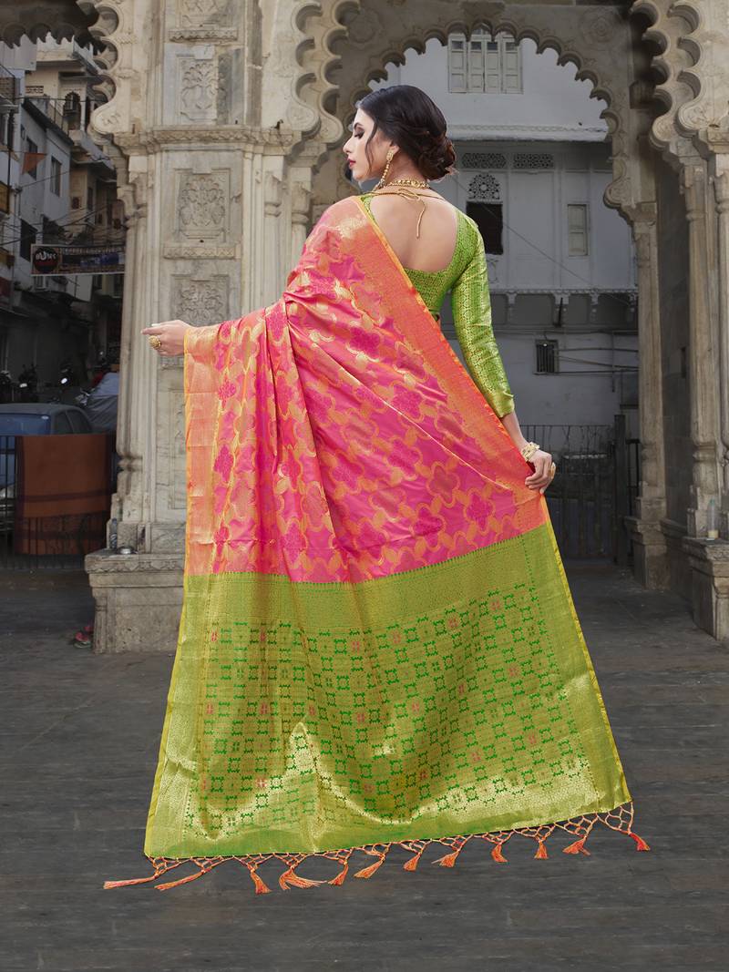 Pink woven banarasi saree with blouse
