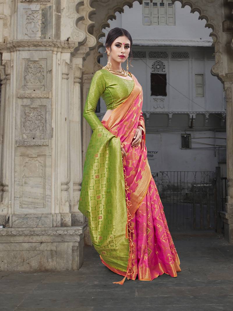 Pink woven banarasi saree with blouse
