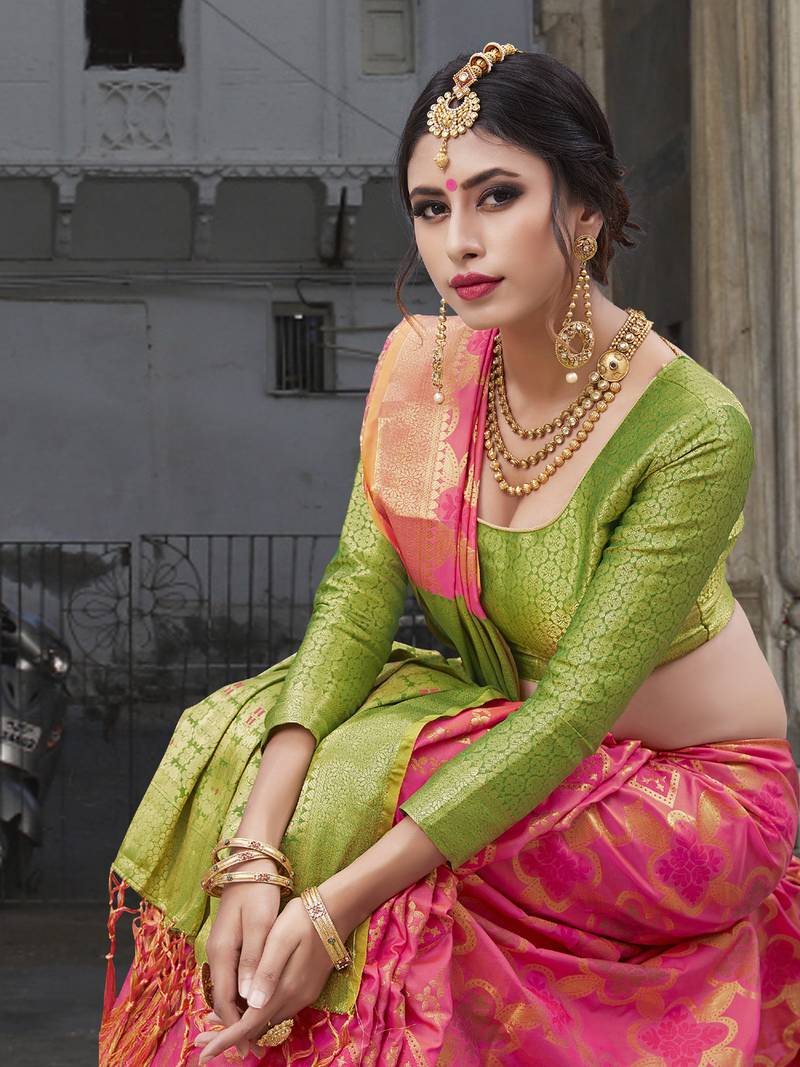 Pink woven banarasi saree with blouse