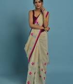 Cream embroidered chanderi silk saree with blouse