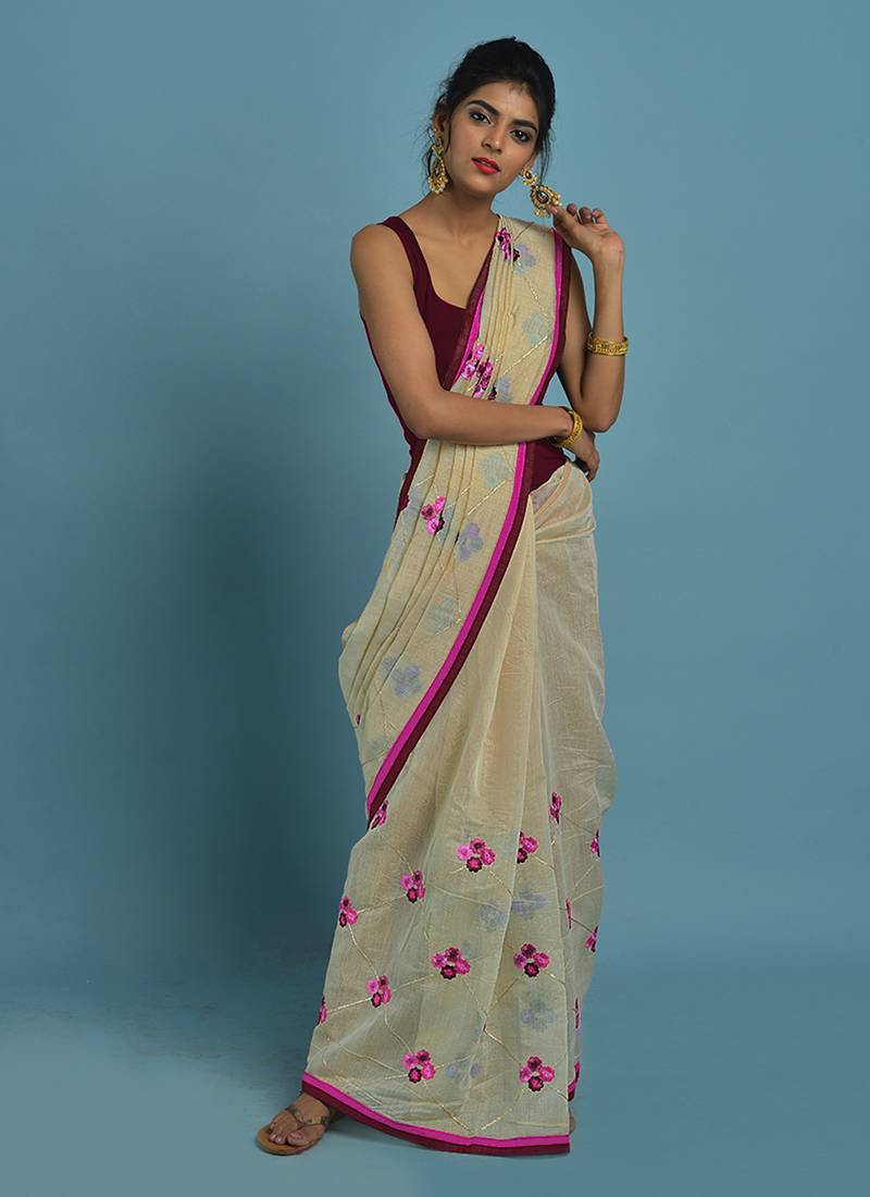 Cream embroidered chanderi silk saree with blouse