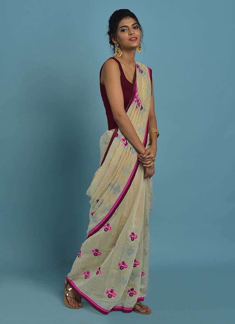 Cream embroidered chanderi silk saree with blouse
