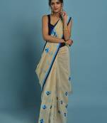 Cream and blue embroidered chanderi silk saree with blouse