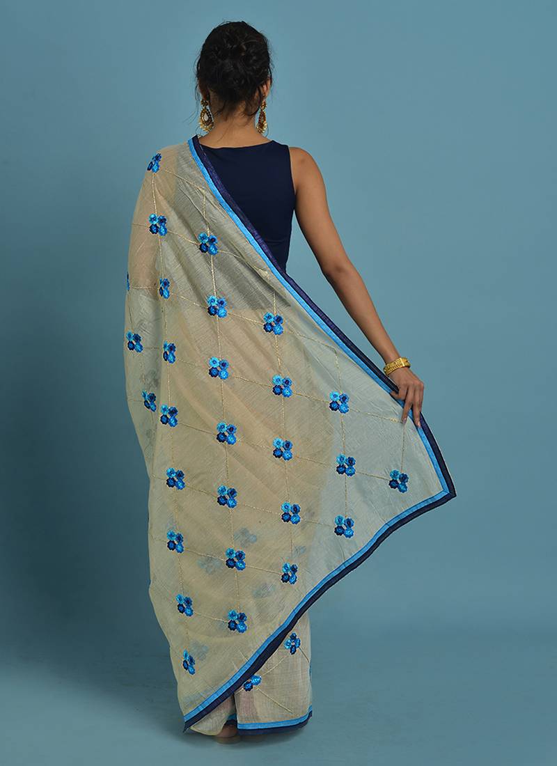 Cream and blue embroidered chanderi silk saree with blouse