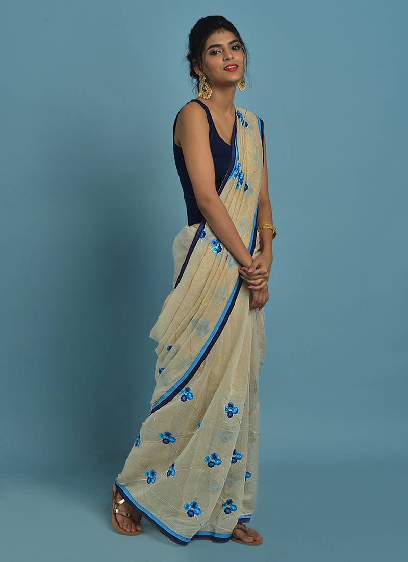 Cream and blue embroidered chanderi silk saree with blouse