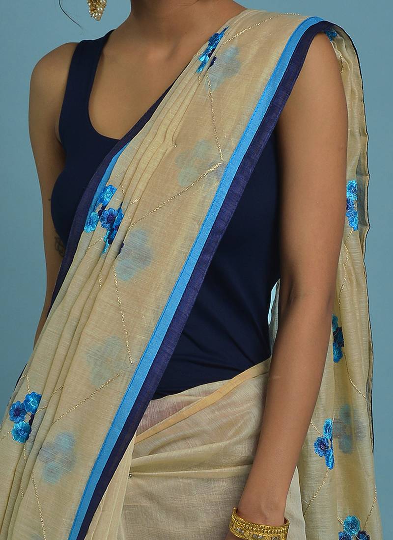 Cream and blue embroidered chanderi silk saree with blouse
