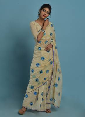 Cream and blue embroidered chanderi silk saree with blouse 1