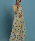 Cream and blue embroidered chanderi silk saree with blouse