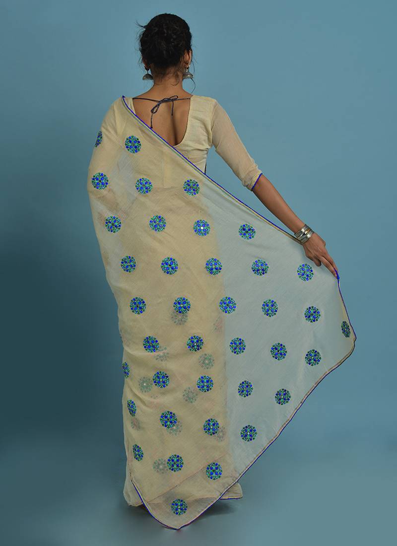 Cream and blue embroidered chanderi silk saree with blouse