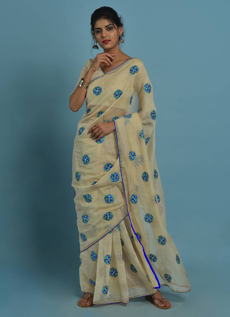 Cream and blue embroidered chanderi silk saree with blouse