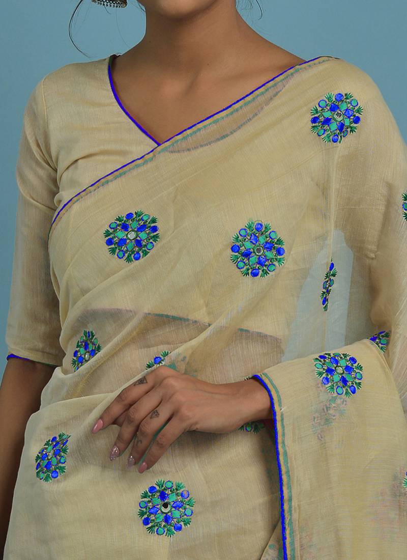 Cream and blue embroidered chanderi silk saree with blouse