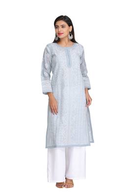 Ada Hand Embroidered Grey Cotton Lucknowi Chikan Kurti 1