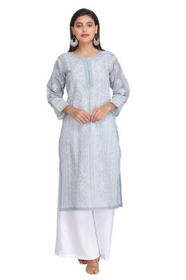 Ada Hand Embroidered Grey Cotton Lucknowi Chikan Kurti 3