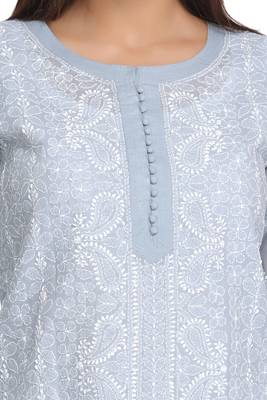 Ada Hand Embroidered Grey Cotton Lucknowi Chikan Kurti 4