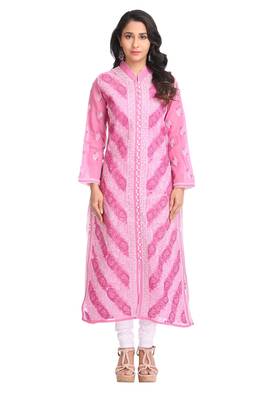 Ada Hand Embroidered Onion Pink Cotton Lucknow Chikan Kurti 1
