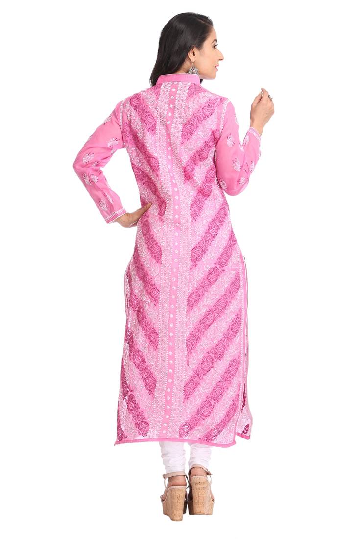 Ada Hand Embroidered Onion Pink Cotton Lucknow Chikan Kurti