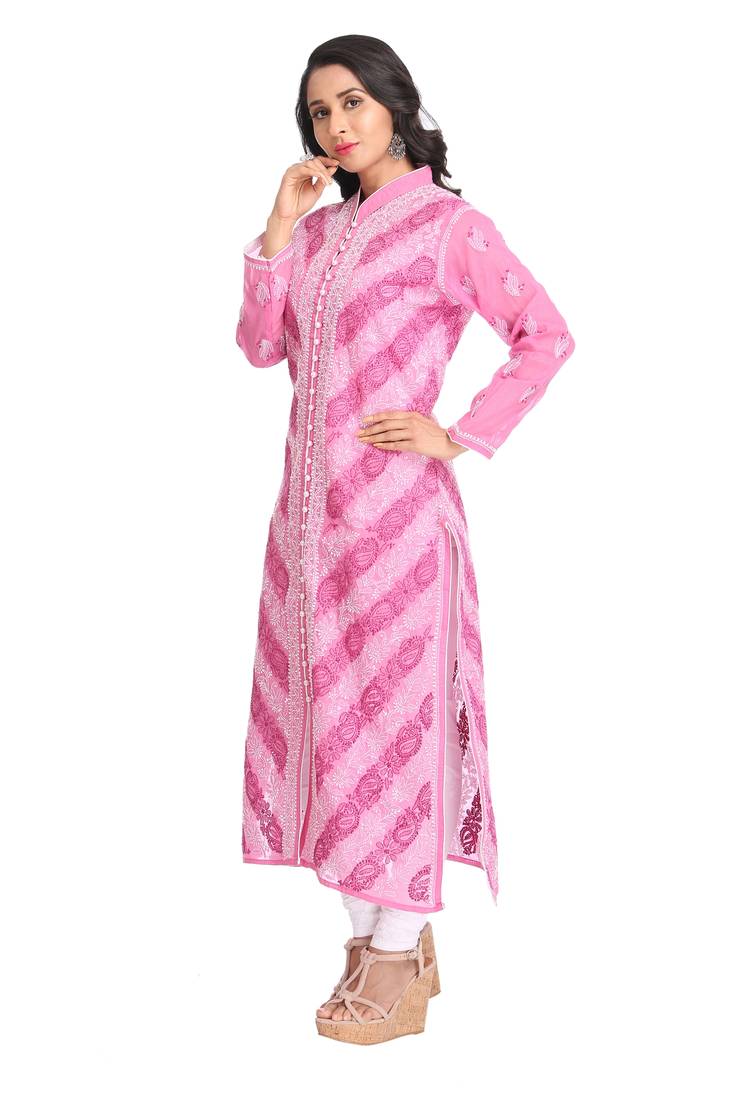 Ada Hand Embroidered Onion Pink Cotton Lucknow Chikan Kurti
