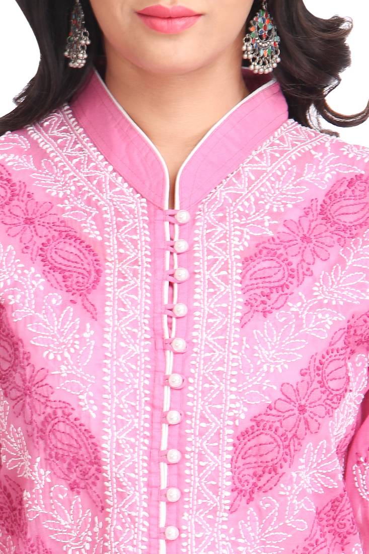 Ada Hand Embroidered Onion Pink Cotton Lucknow Chikan Kurti