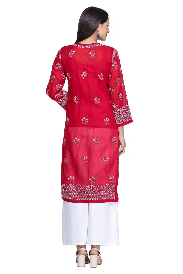 Ada Hand Embroidered Maroon Cotton Lucknowi Chikan Kurti