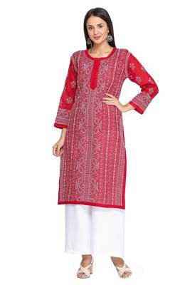 Ada Hand Embroidered Maroon Cotton Lucknowi Chikan Kurti 4