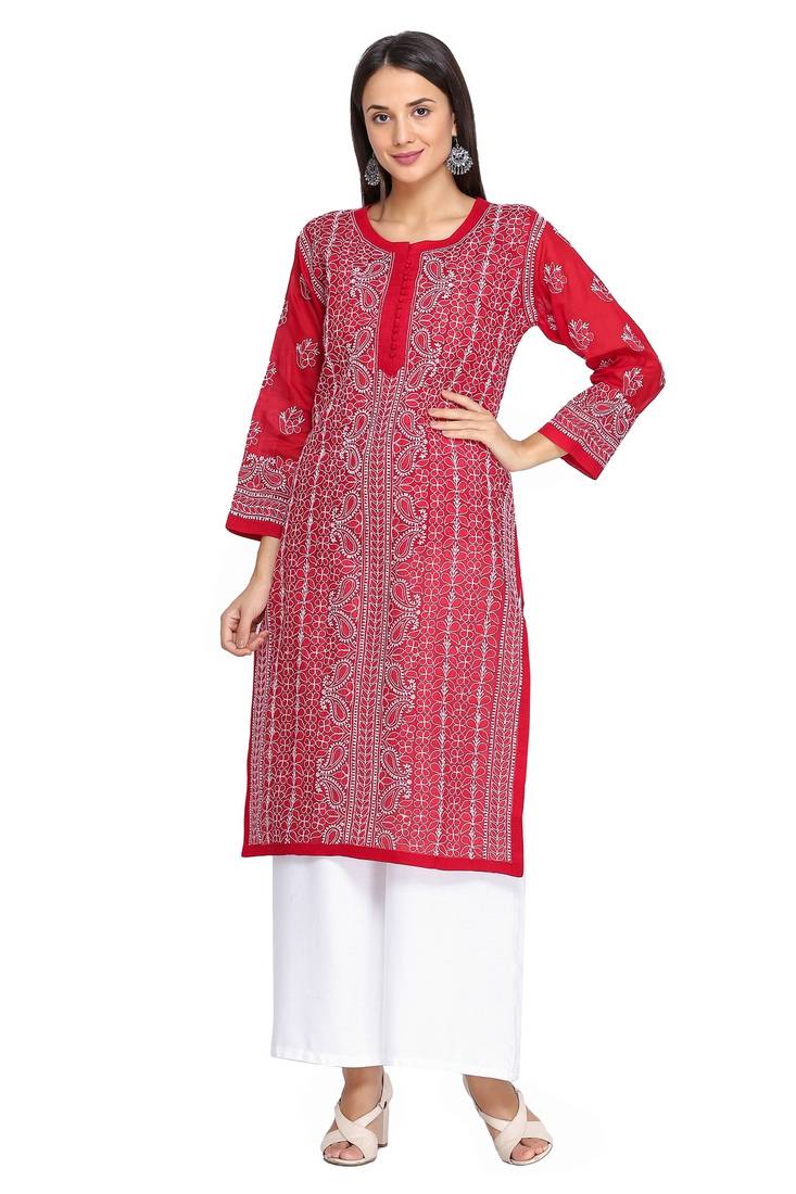 Ada Hand Embroidered Maroon Cotton Lucknowi Chikan Kurti
