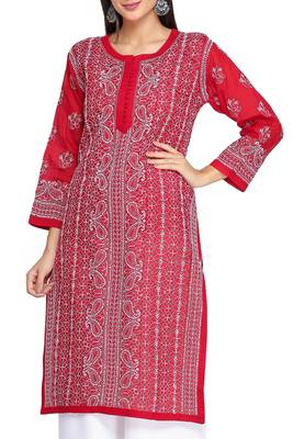 Ada Hand Embroidered Maroon Cotton Lucknowi Chikan Kurti 5