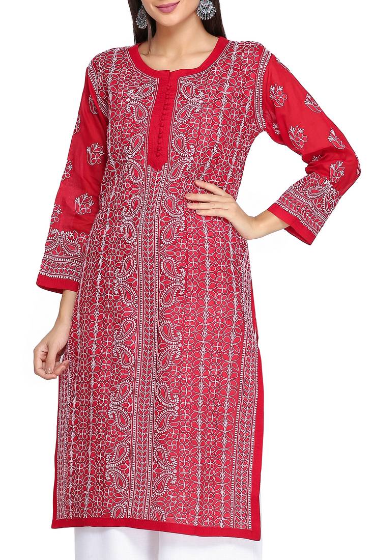 Ada Hand Embroidered Maroon Cotton Lucknowi Chikan Kurti