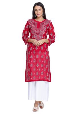 Ada Hand Embroidered Red Cotton Lucknowi Chikan Kurti     A373140 1