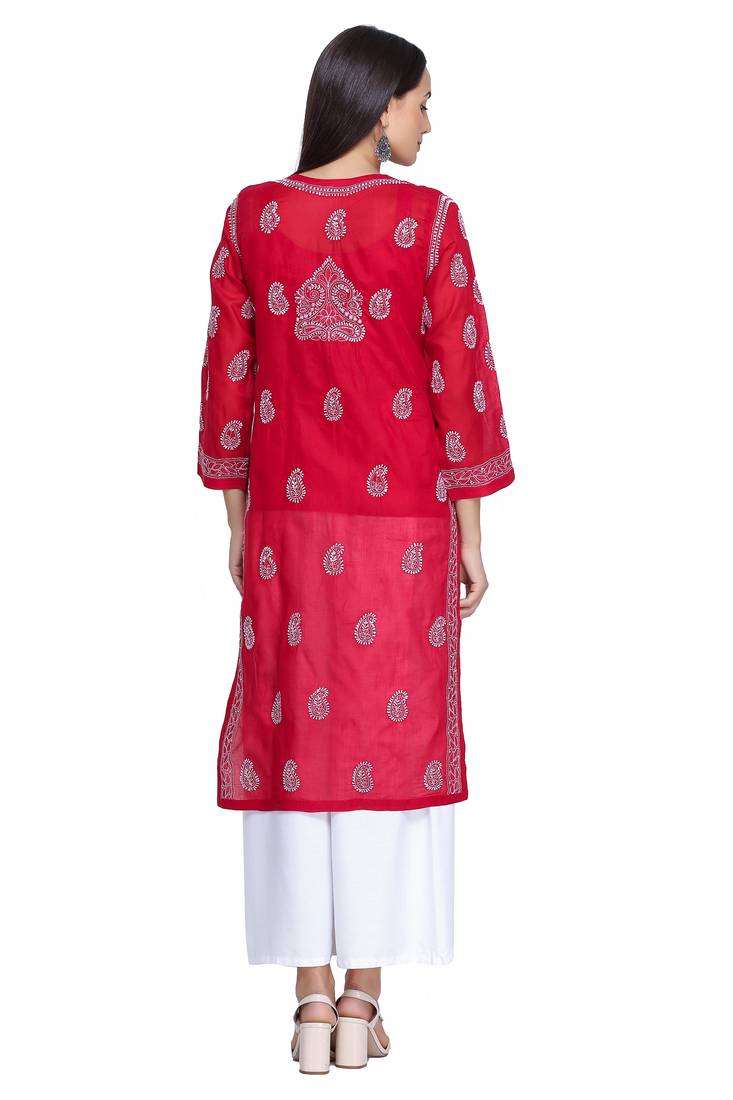 Ada Hand Embroidered Red Cotton Lucknowi Chikan Kurti     A373140