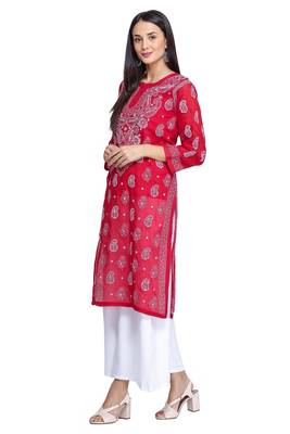 Ada Hand Embroidered Red Cotton Lucknowi Chikan Kurti     A373140 3