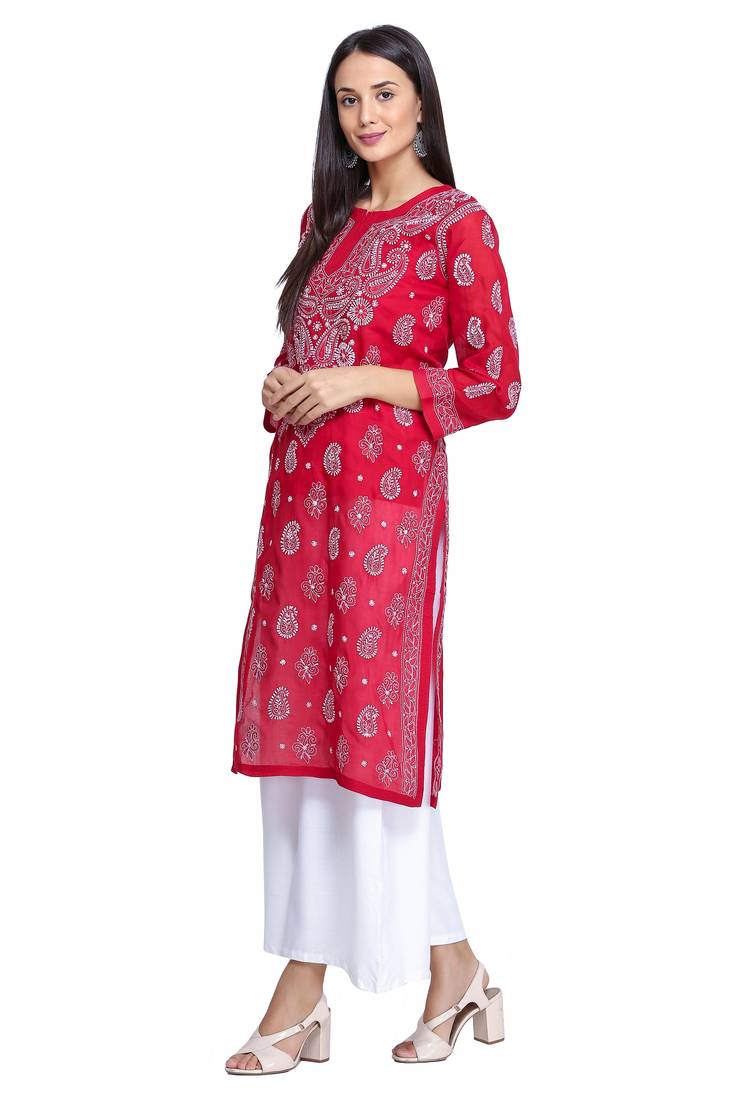 Ada Hand Embroidered Red Cotton Lucknowi Chikan Kurti     A373140