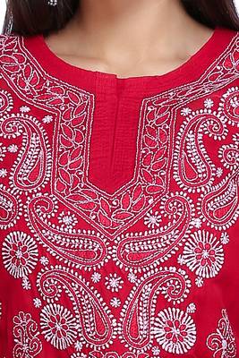 Ada Hand Embroidered Red Cotton Lucknowi Chikan Kurti     A373140 4
