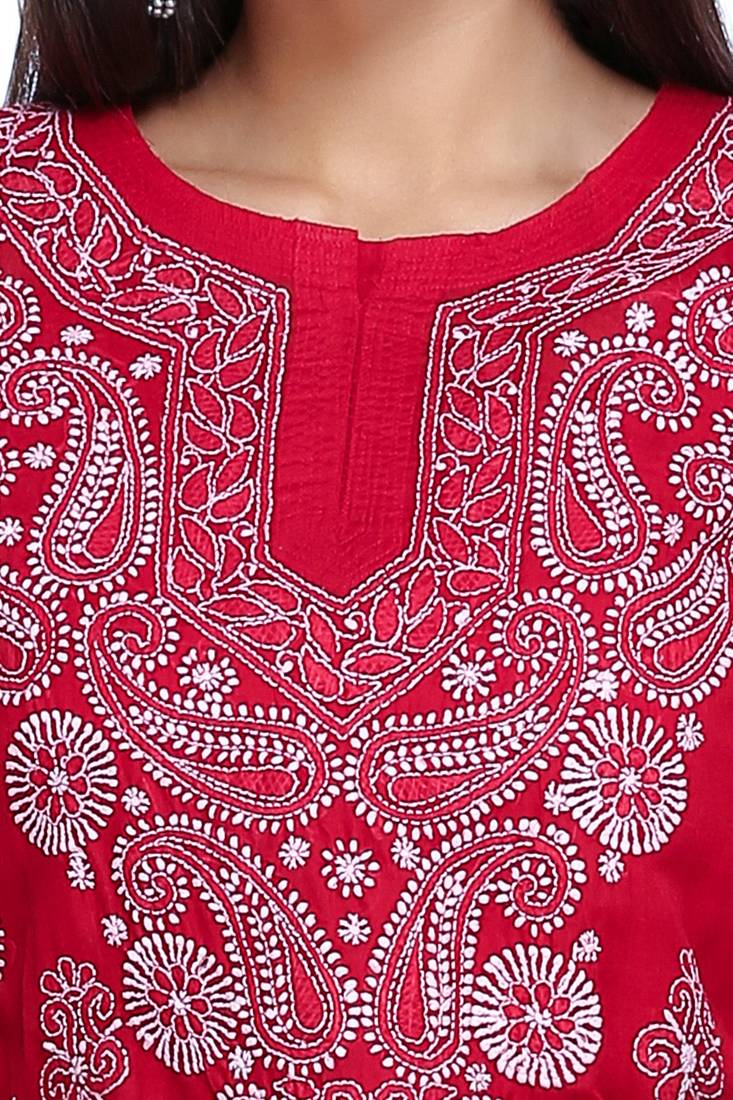 Ada Hand Embroidered Red Cotton Lucknowi Chikan Kurti     A373140