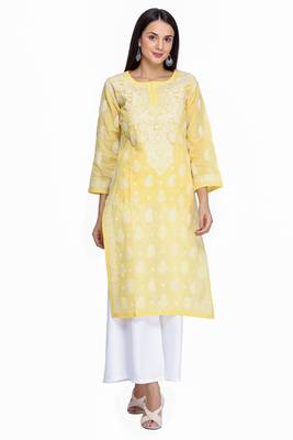 Ada Hand Embroidered Yellow Cotton Lucknowi Chikan Kurti 1