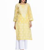 Ada Hand Embroidered Yellow Cotton Lucknowi Chikan Kurti