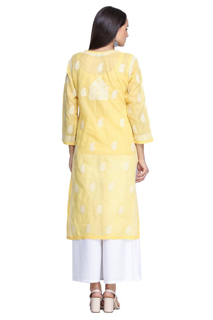 Ada Hand Embroidered Yellow Cotton Lucknowi Chikan Kurti