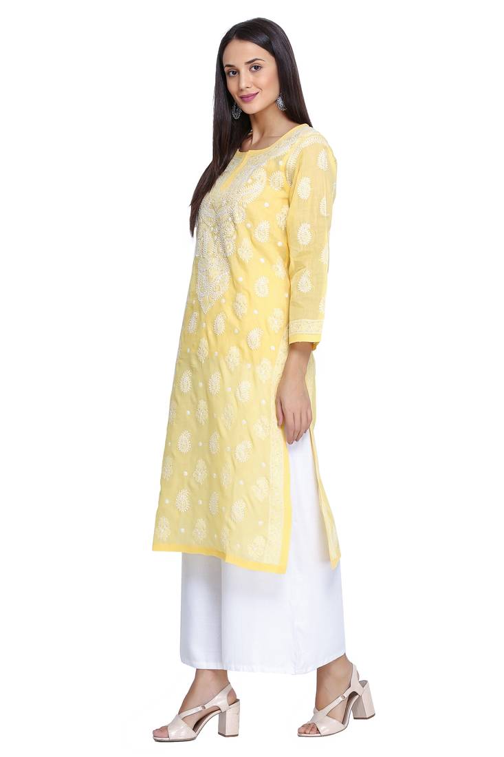 Ada Hand Embroidered Yellow Cotton Lucknowi Chikan Kurti