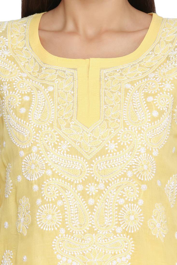 Ada Hand Embroidered Yellow Cotton Lucknowi Chikan Kurti