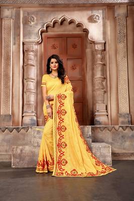 Yellow embroidered faux silk saree with blouse 1