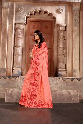 Peach embroidered faux silk saree with blouse 2