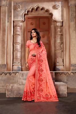 Peach embroidered faux silk saree with blouse 1