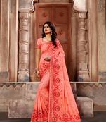 Peach embroidered faux silk saree with blouse