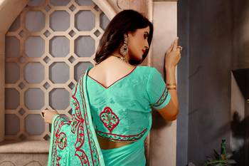 Light sea green embroidered faux silk saree with blouse 2