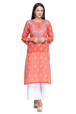 Ada Hand Embroidered Rust Cotton Lucknowi Chikan Kurti 1