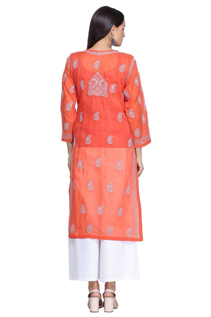 Ada Hand Embroidered Rust Cotton Lucknowi Chikan Kurti